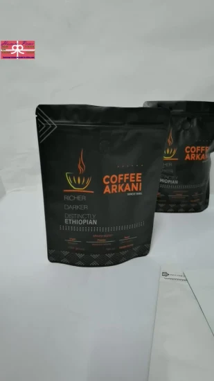 Pacote Doy plano com logotipo personalizado para grãos de café, chá, saco de café de alumínio com valor e saco inferior com zíper